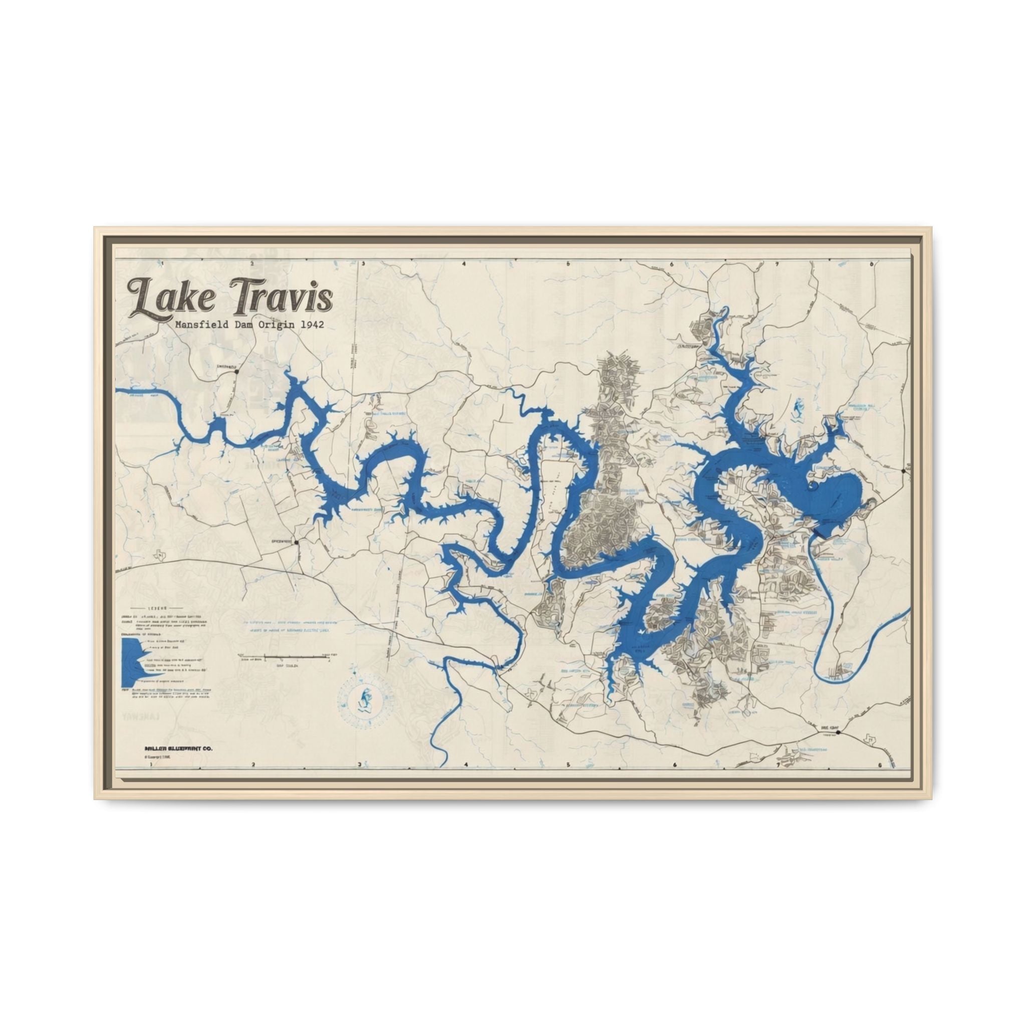 Framed Lake Travis Nautical Map Canvas — Vintage Wall Art