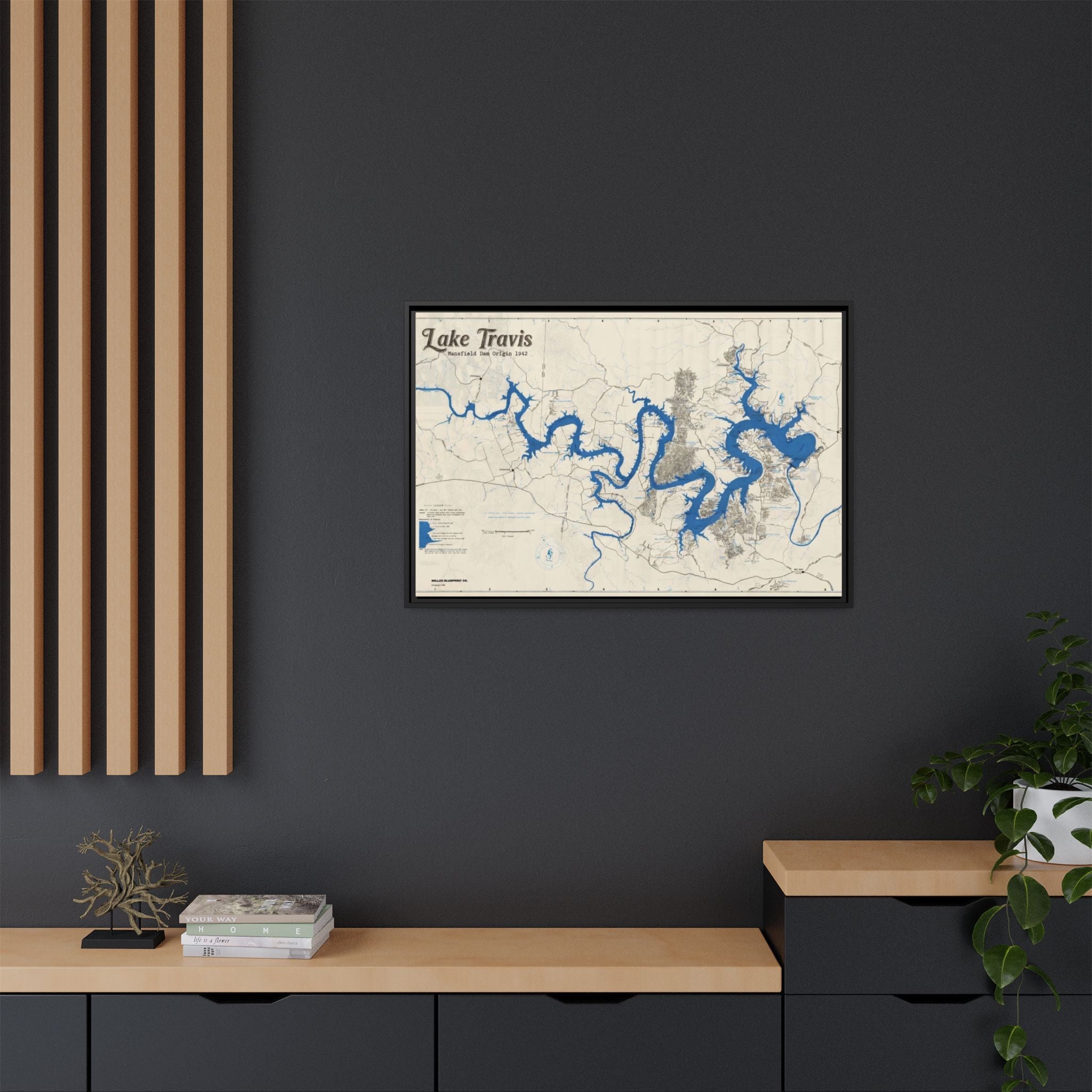 Framed Lake Travis Nautical Map Canvas — Vintage Wall Art