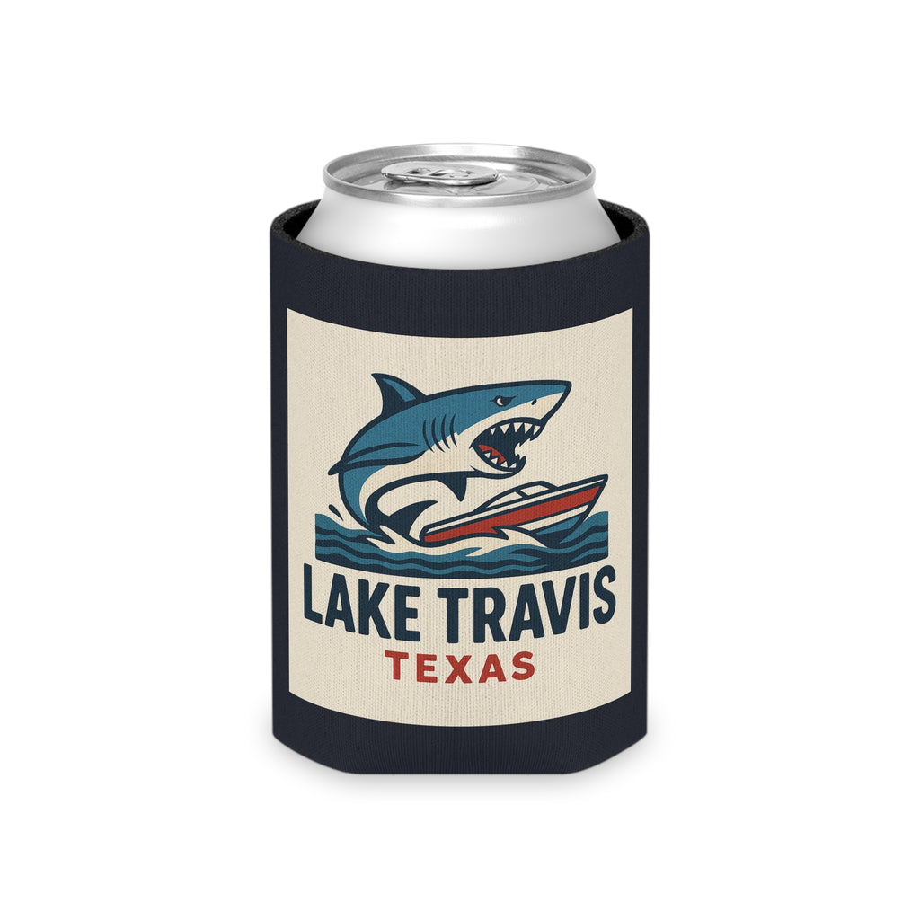 Lake Travis Texas Shark Boat Can Cooler — Retro Lake Life Beverage Koozie