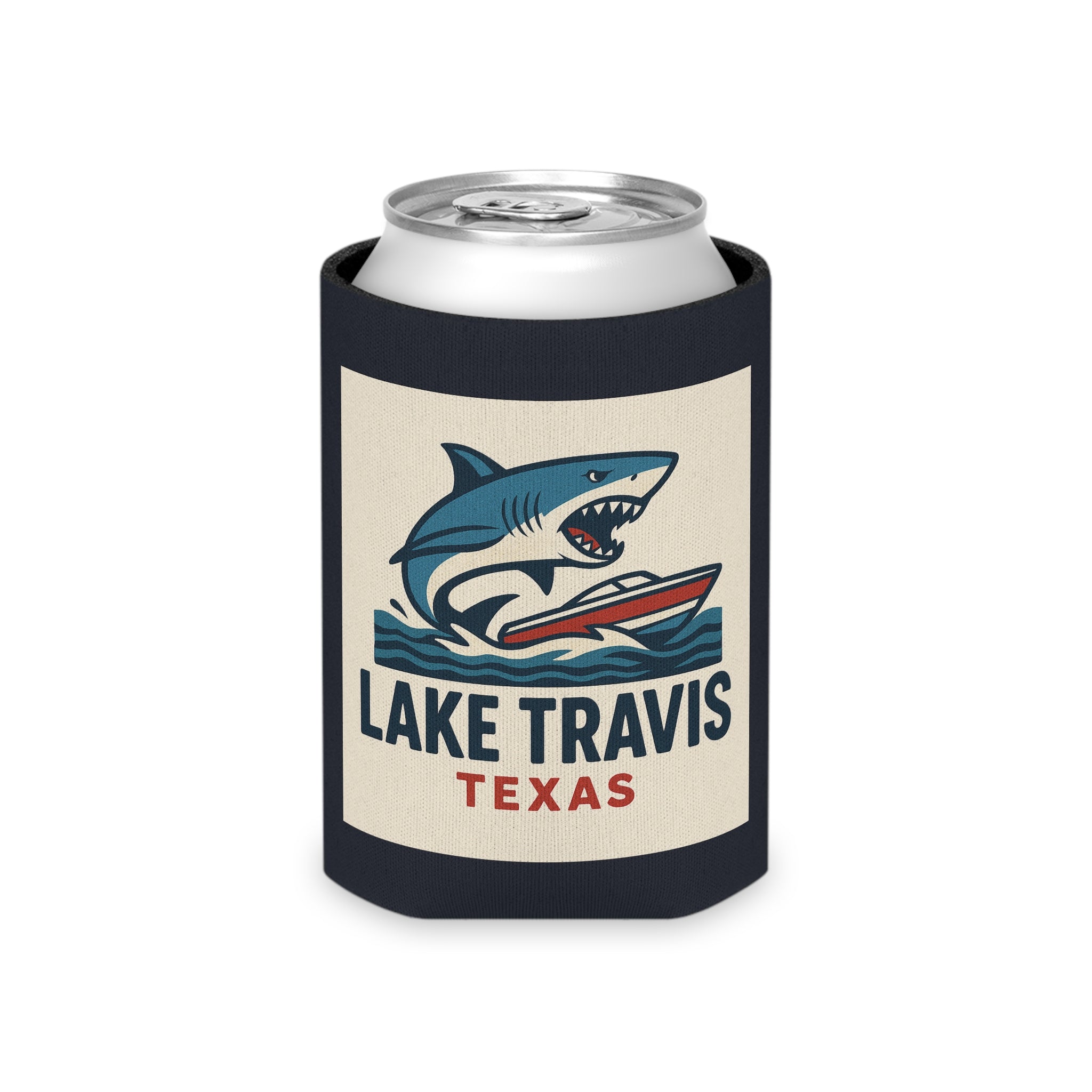 Lake Travis Texas Shark Boat Can Cooler — Retro Lake Life Beverage Koozie