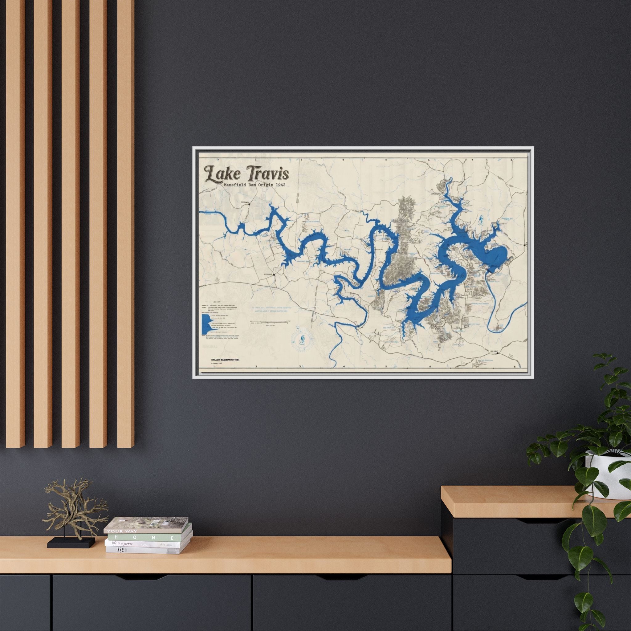 Framed Lake Travis Nautical Map Canvas — Vintage Wall Art