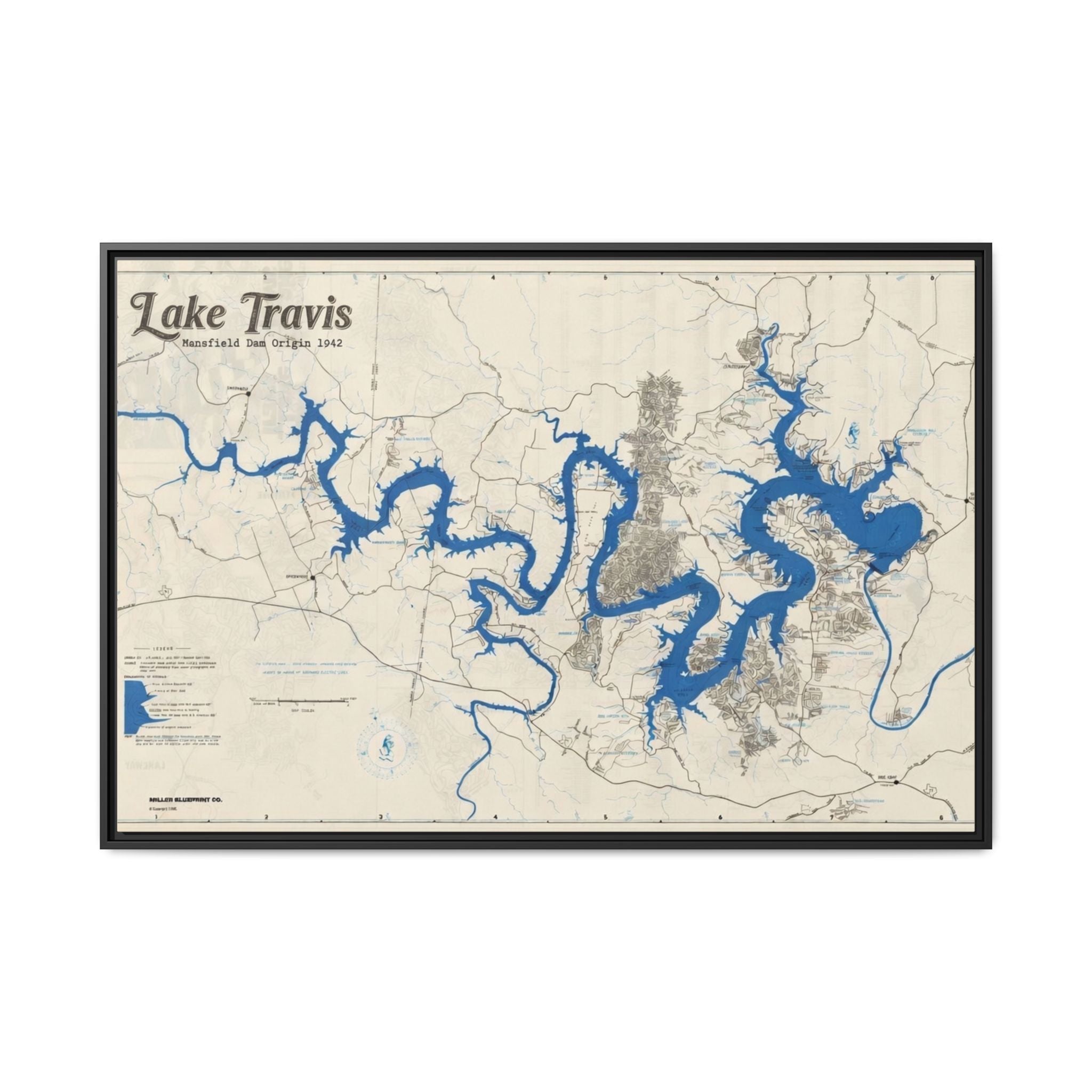 Framed Lake Travis Nautical Map Canvas — Vintage Wall Art