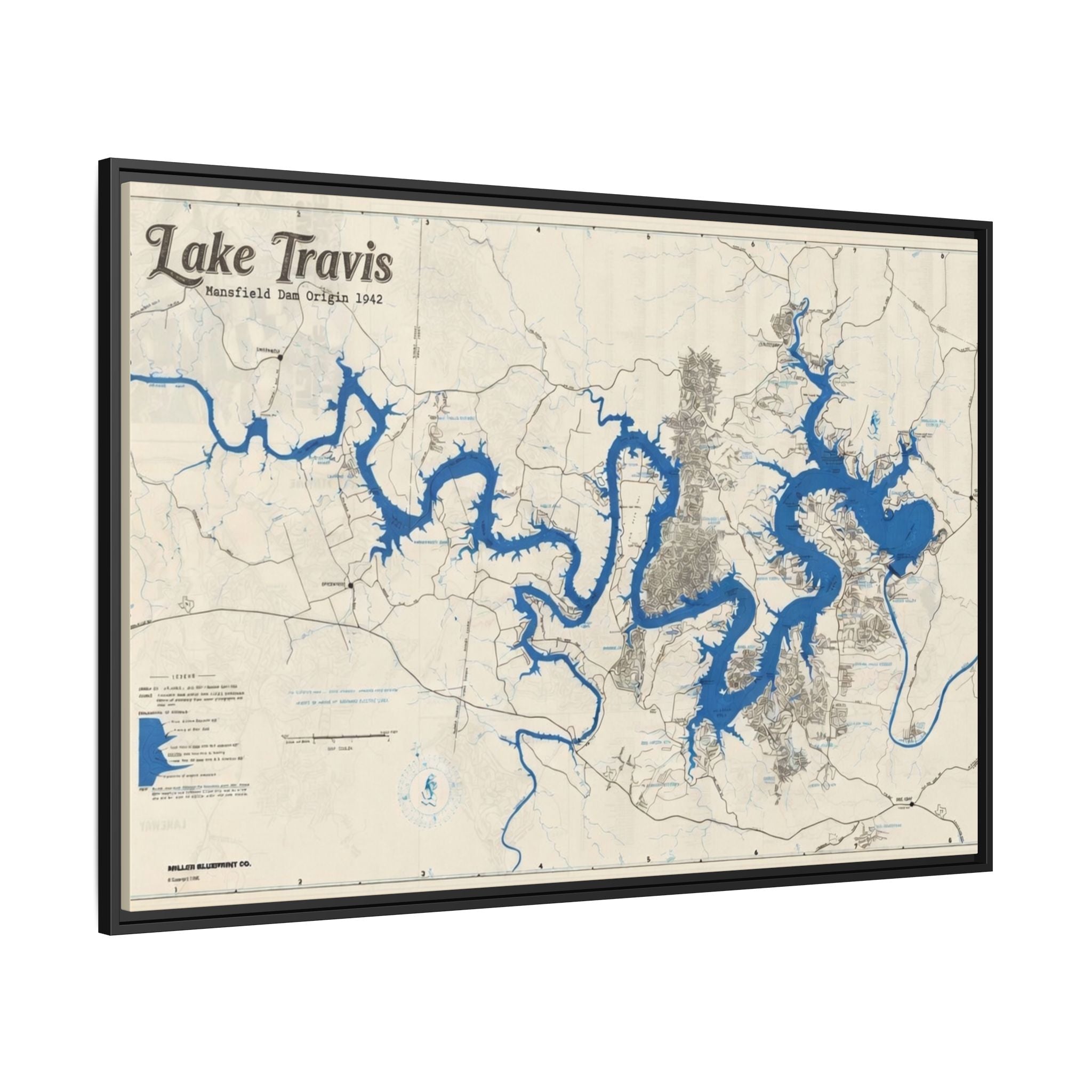 Framed Lake Travis Nautical Map Canvas — Vintage Wall Art