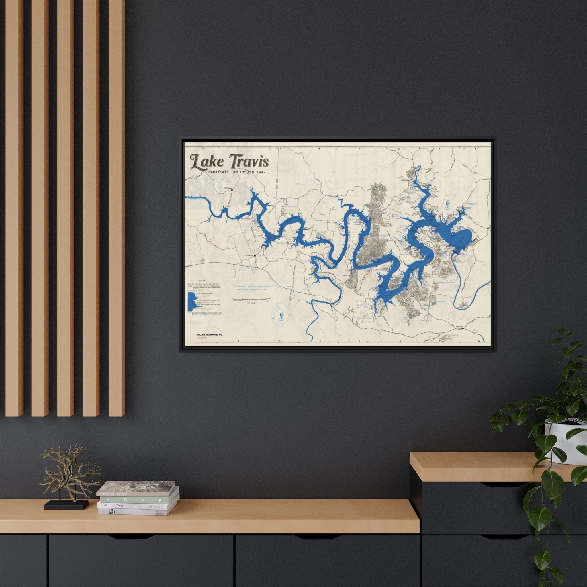 Framed Lake Travis Nautical Map Canvas — Vintage Wall Art