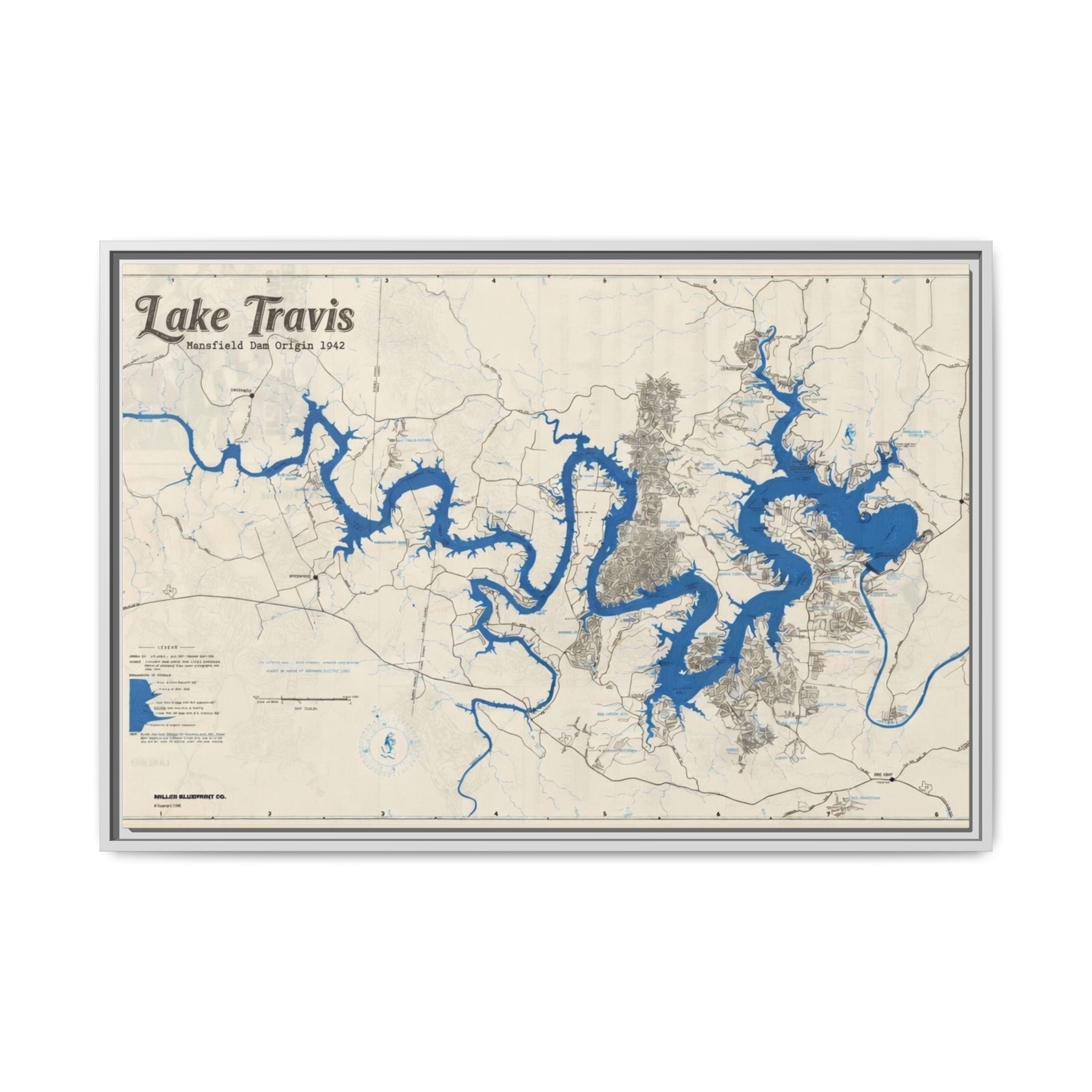 Framed Lake Travis Nautical Map Canvas — Vintage Wall Art