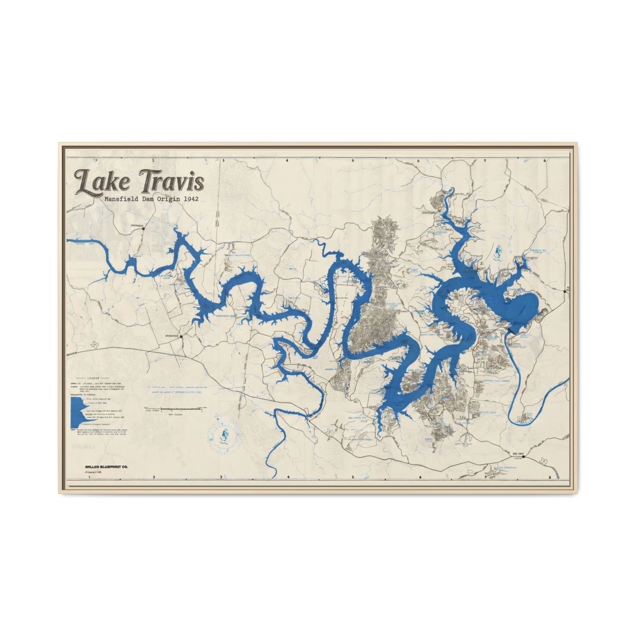 Framed Lake Travis Nautical Map Canvas — Vintage Wall Art