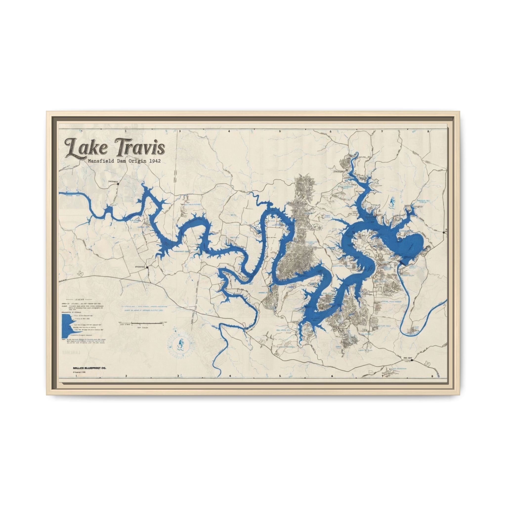 Framed Lake Travis Nautical Map Canvas — Vintage Wall Art