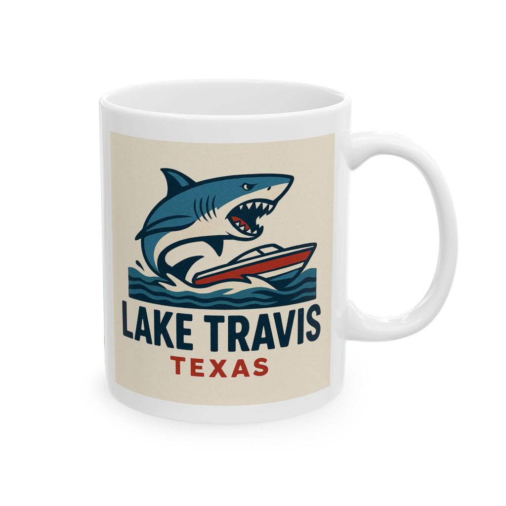Lake Travis Shark Boat Mug | Texas Ceramic Coffee Cup