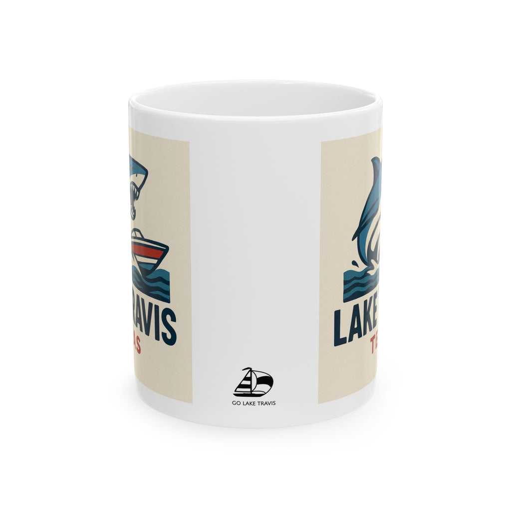 Lake Travis Shark Boat Mug | Texas Ceramic Coffee Cup