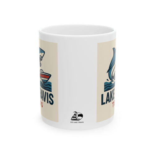 Lake Travis Shark Boat Mug | Texas Ceramic Coffee Cup