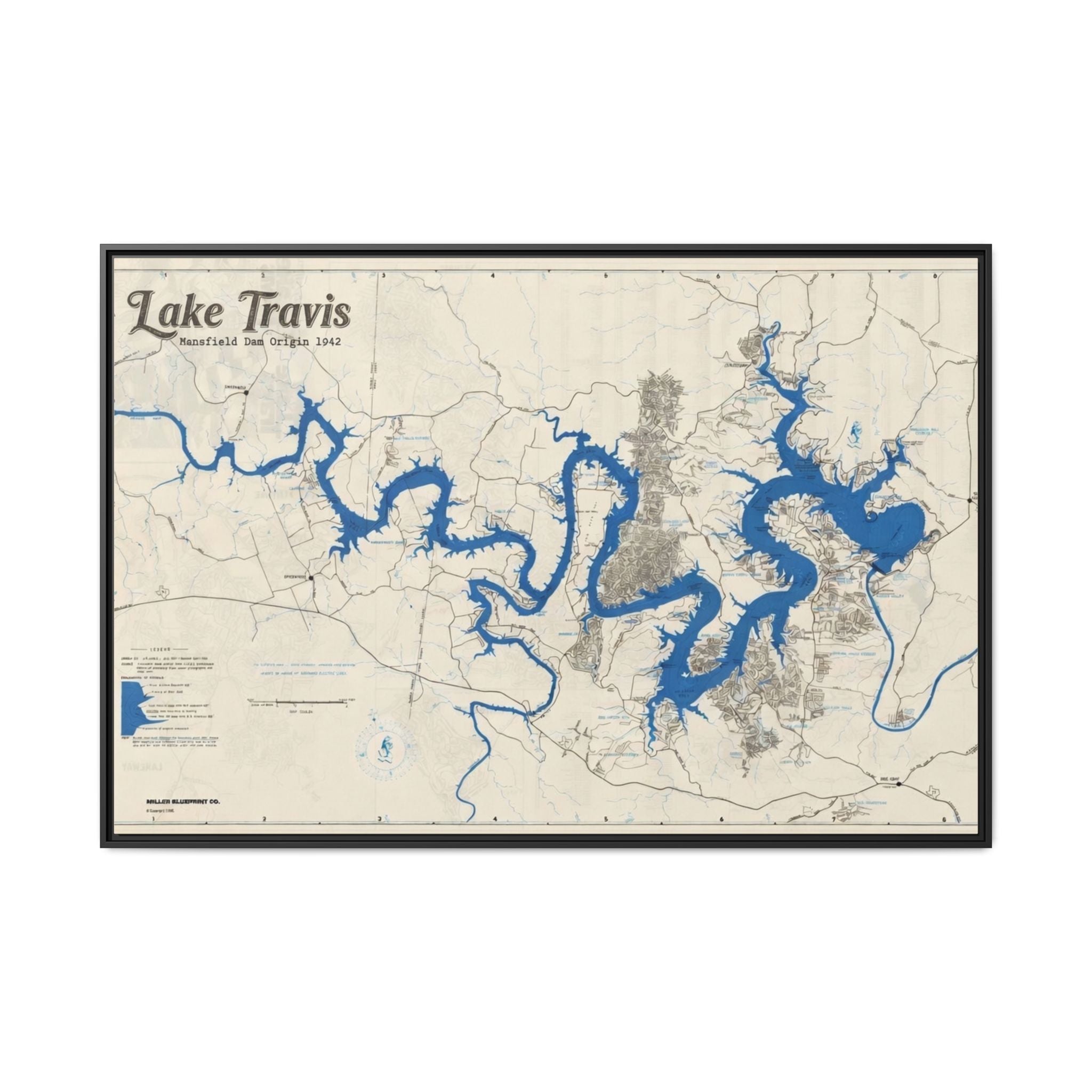 Framed Lake Travis Nautical Map Canvas — Vintage Wall Art