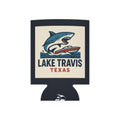 Lake Travis Texas Shark Boat Can Cooler — Retro Lake Life Beverage Koozie