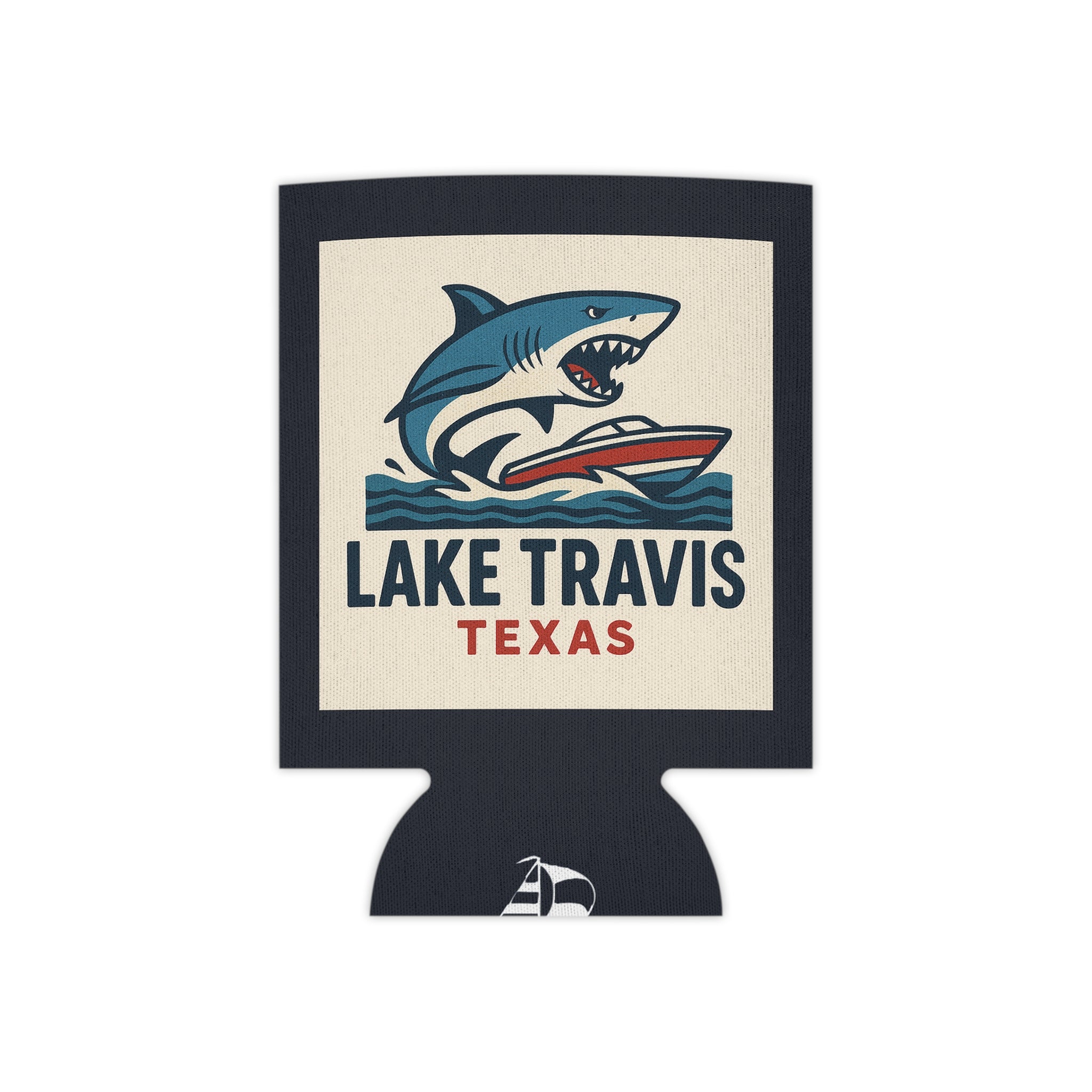 Lake Travis Texas Shark Boat Can Cooler — Retro Lake Life Beverage Koozie