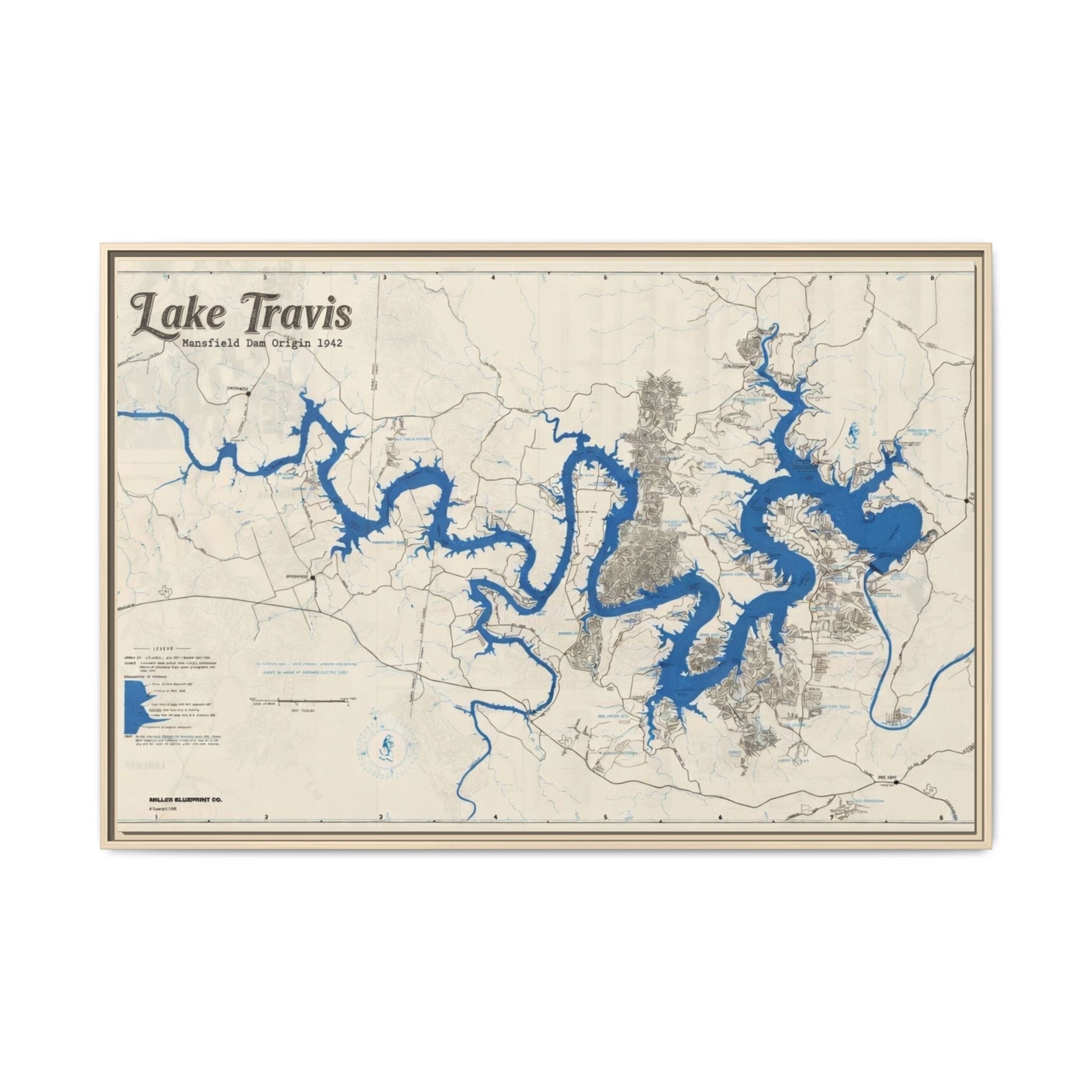 Framed Lake Travis Nautical Map Canvas — Vintage Wall Art