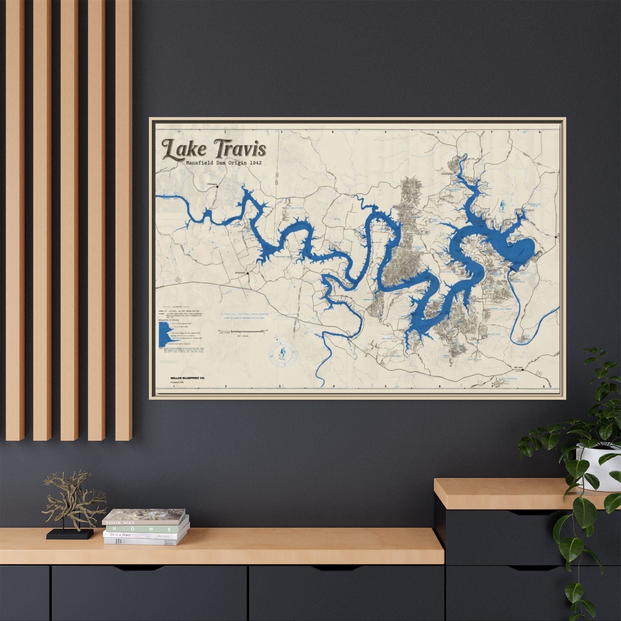 Framed Lake Travis Nautical Map Canvas — Vintage Wall Art