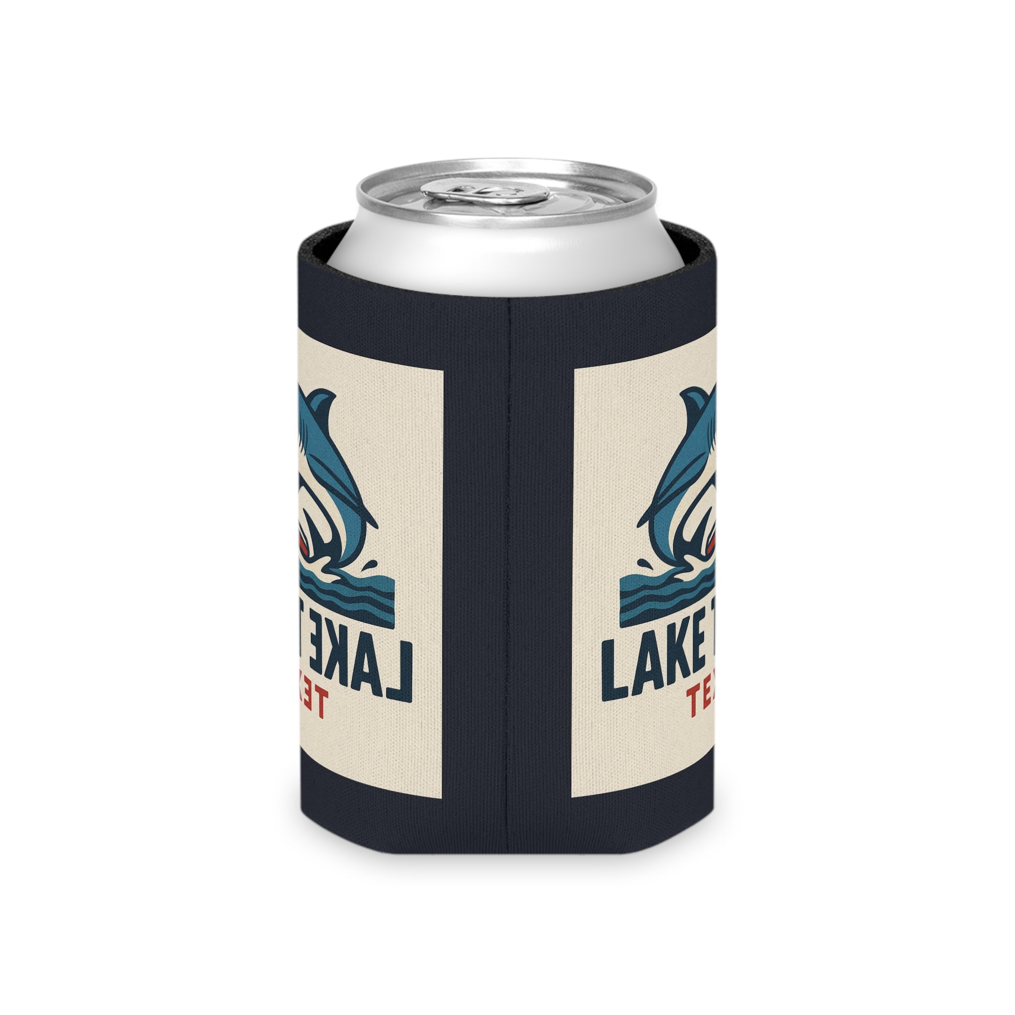 Lake Travis Texas Shark Boat Can Cooler — Retro Lake Life Beverage Koozie