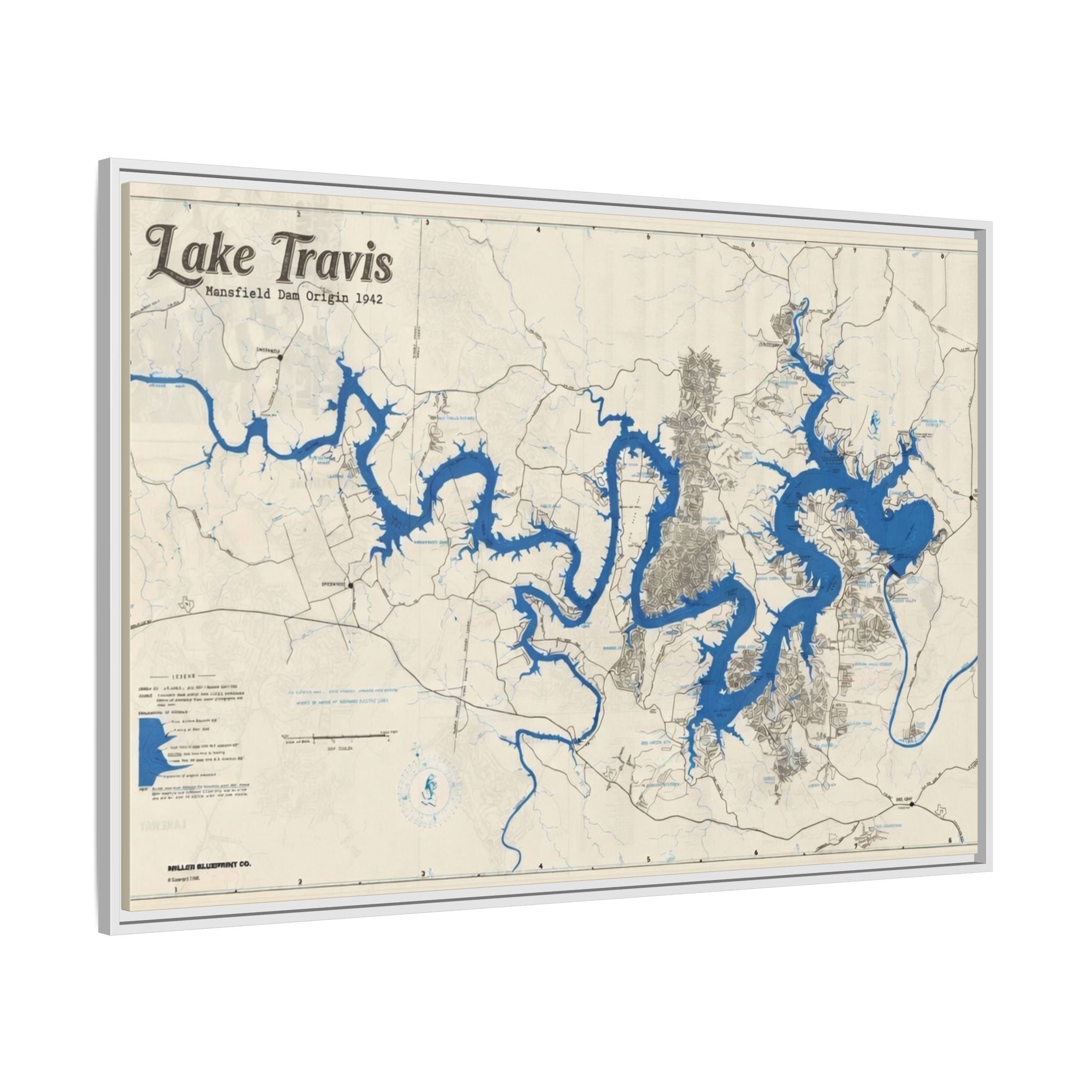 Framed Lake Travis Nautical Map Canvas — Vintage Wall Art