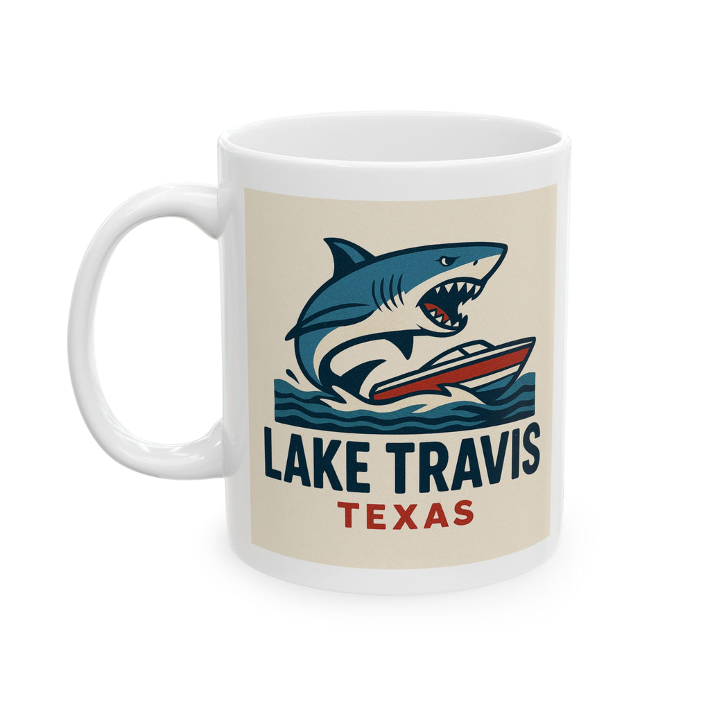Lake Travis Shark Boat Mug | Texas Ceramic Coffee Cup