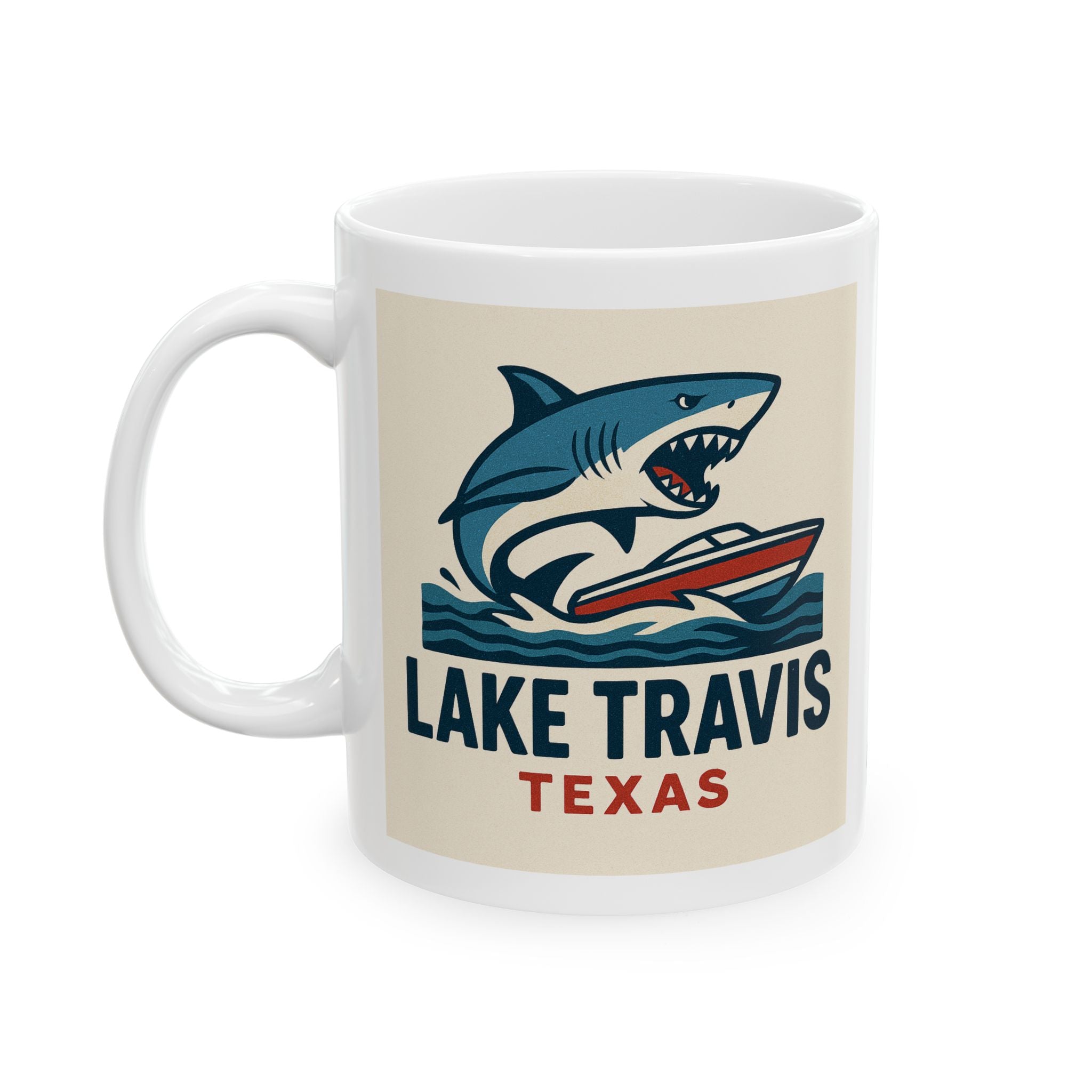 Lake Travis Shark Boat Mug | Texas Ceramic Coffee Cup