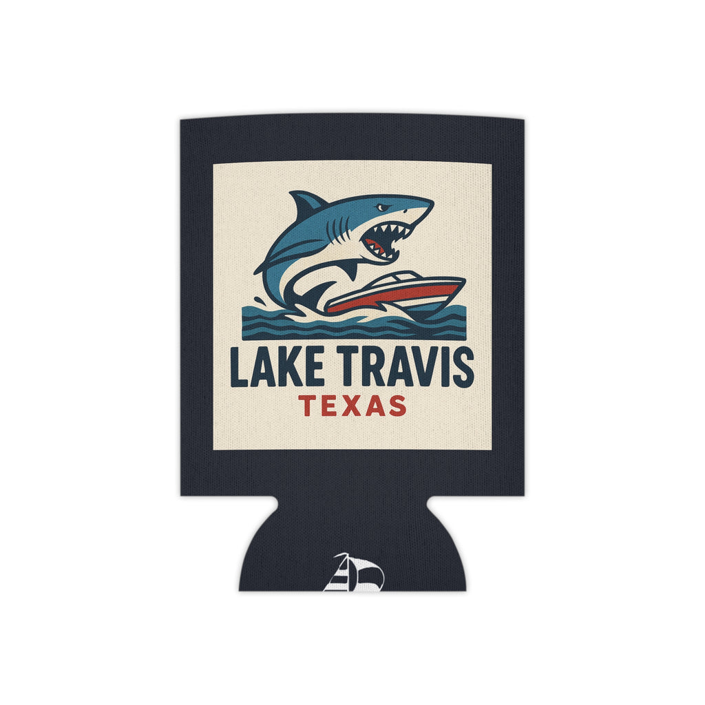 Lake Travis Texas Shark Boat Can Cooler — Retro Lake Life Beverage Koozie
