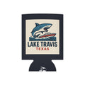 Lake Travis Texas Shark Boat Can Cooler — Retro Lake Life Beverage Koozie