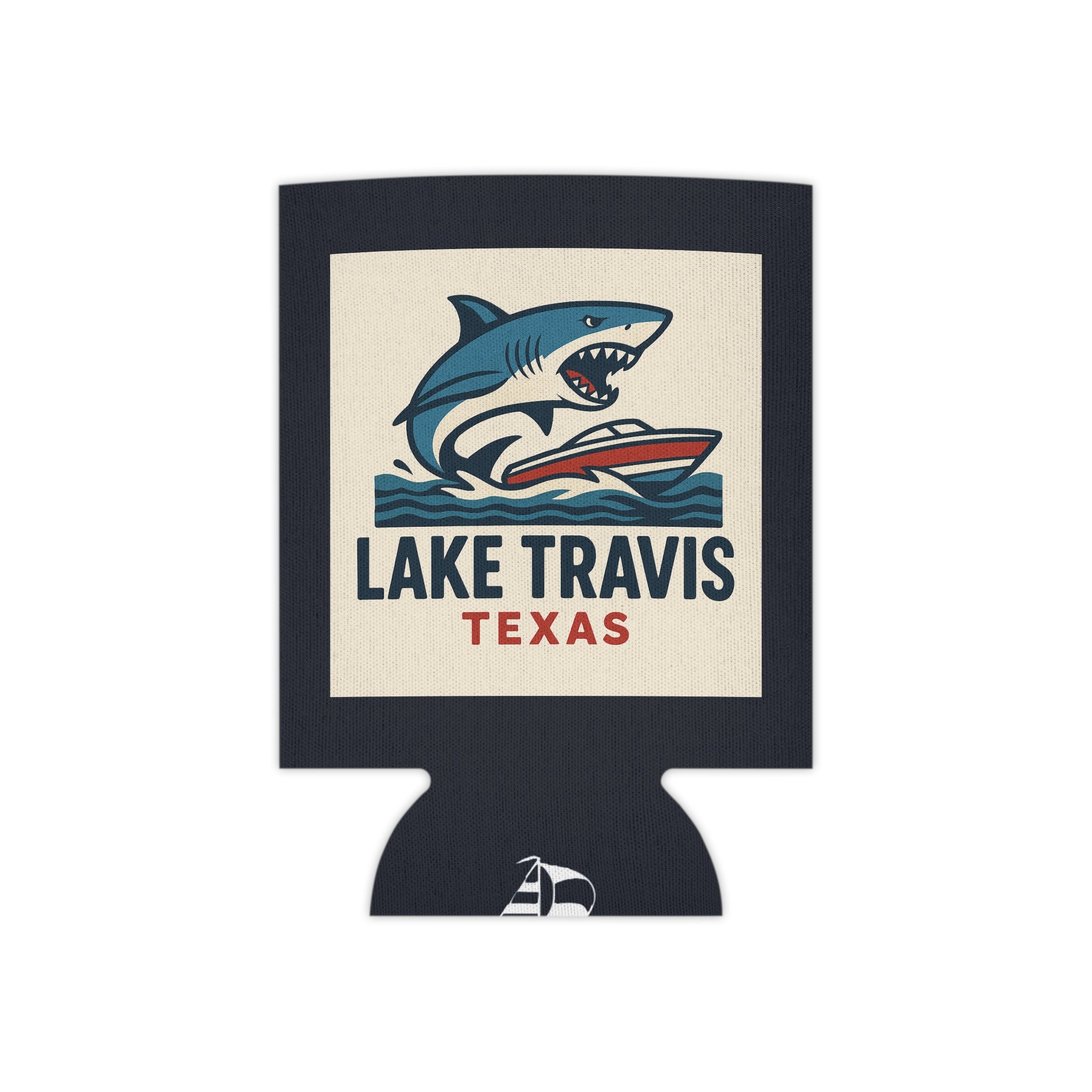 Lake Travis Texas Shark Boat Can Cooler — Retro Lake Life Beverage Koozie